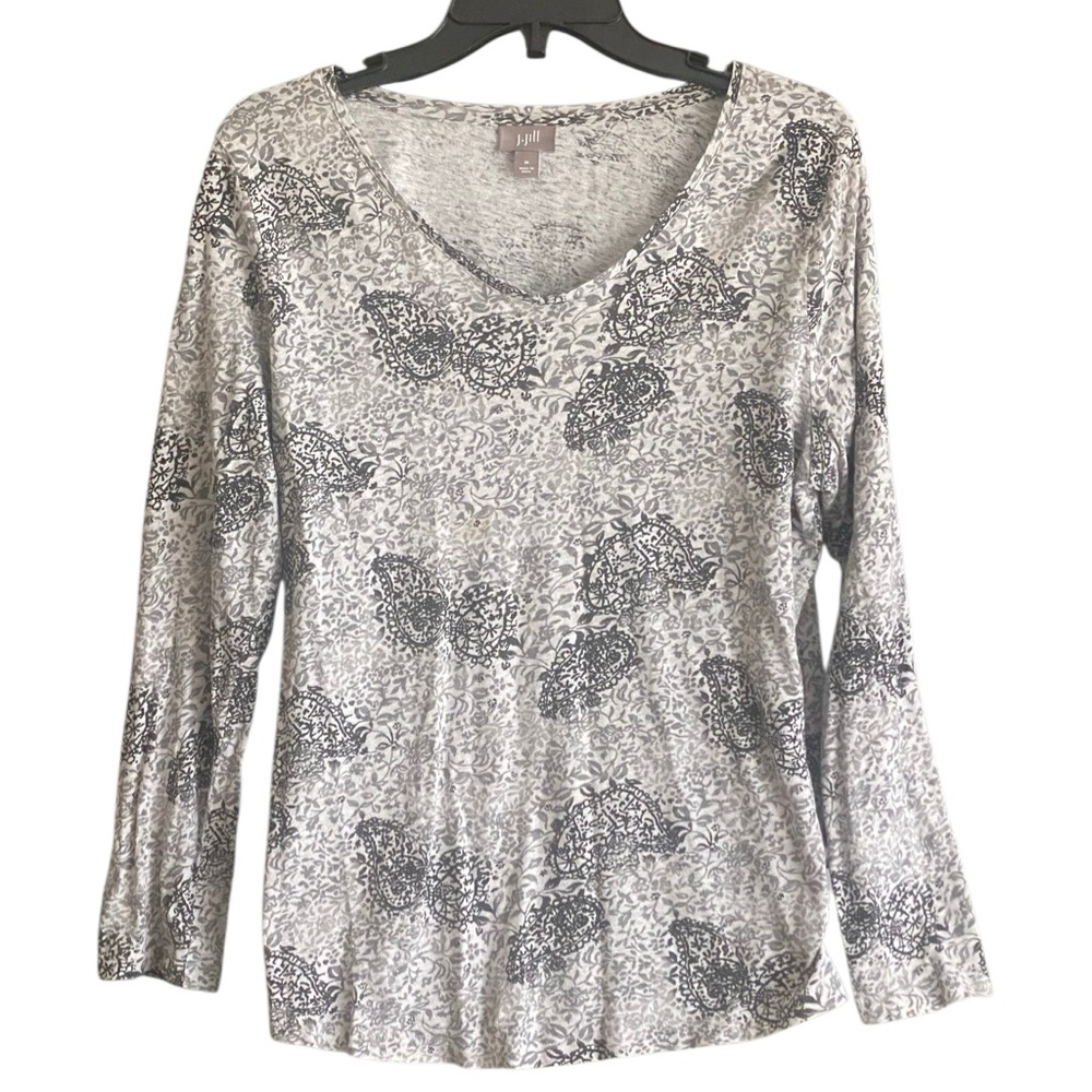 J. Jill Long Sleeve Gray Paisley and Butterfly Print Top. Size Medium.